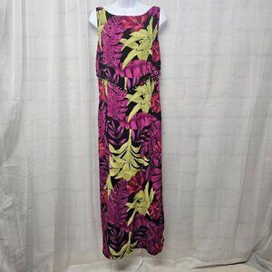 CDC Purple Green Tropical Floral Sleeveless Maxi Dress Beach Islands 12